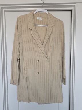 Sage Beige Pinstripe Double-Breasted Long Blazer